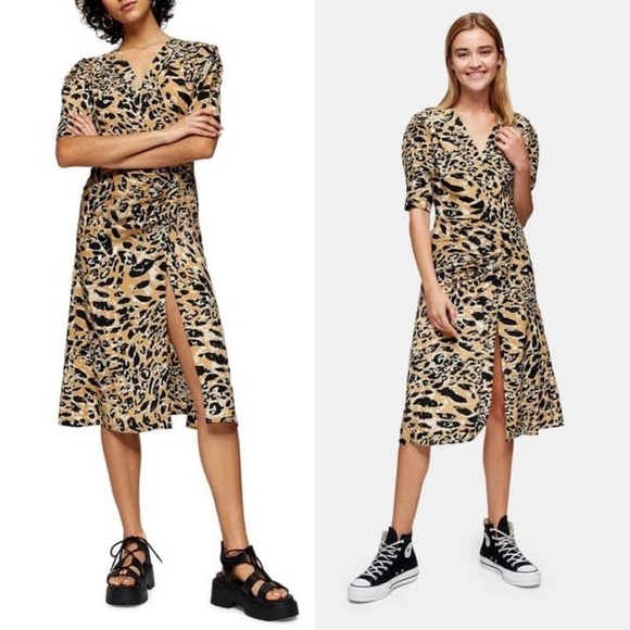Topshop Leopard Print Dress With Slit, Pleats and Short Sleeves US Size 2 - Picture 14 of 14